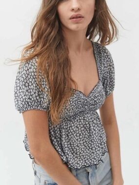 Urban Outfitters Black and White Floral Smocked Crop Top